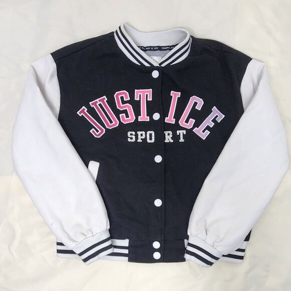 Justice Girls Varsity Jacket Size 10 M Black White Pink Button Up Sport Coat - Picture 1 of 8